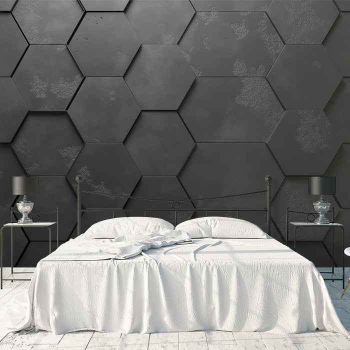 Papel tapiz mural de hormigón hexagonal oscuro | Gris oscuro y negro