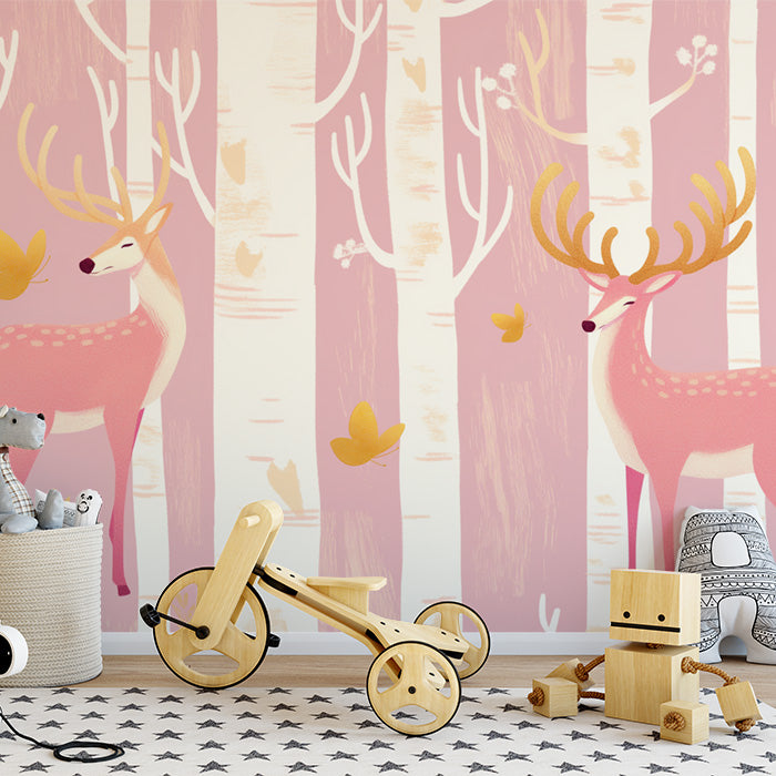 Papier peint mural Forêt rose avec cerfs | Cerfs roses, blancs et jaunes