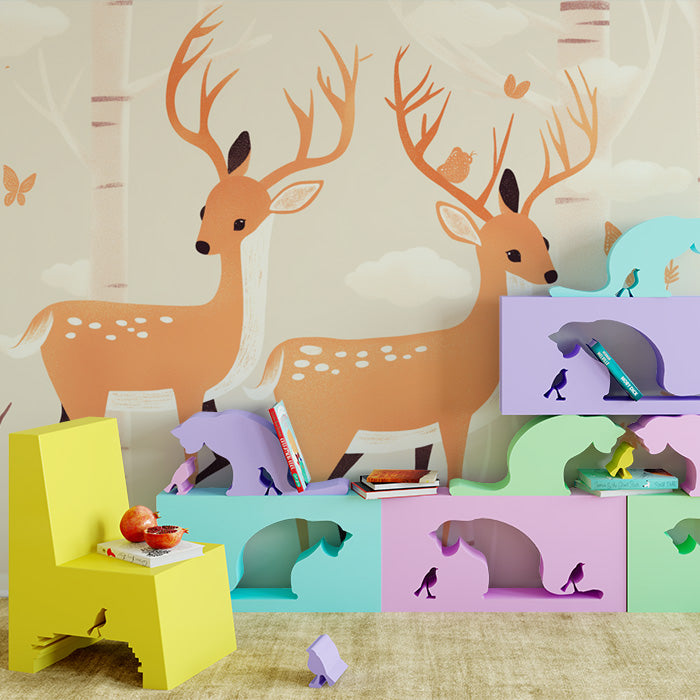 Neutrales Waldmural mit Reh | Beige, Weiß und Braun Reh