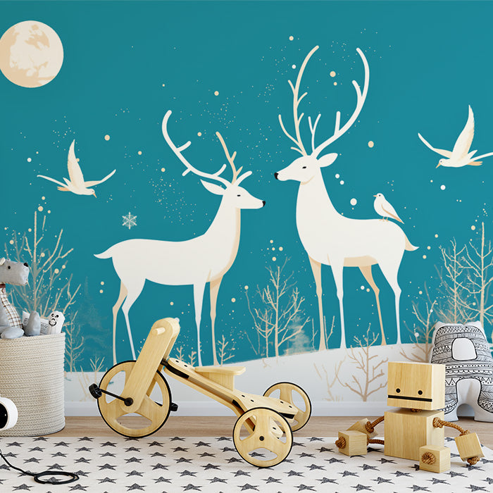 Papel tapiz mural de bosque nocturno con ciervos | Teal, blanco y beige.