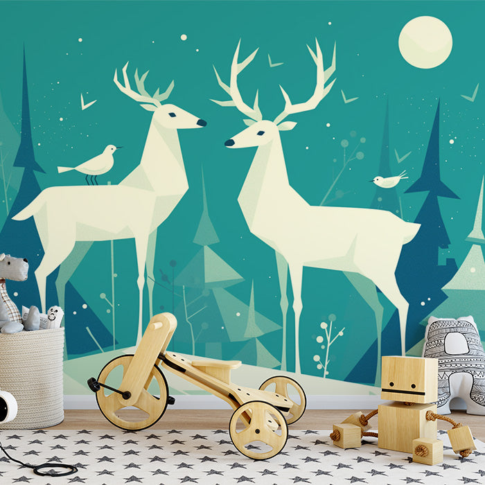 Papel tapiz mural de bosque nocturno con ciervos | Teal, blanco y beige -1