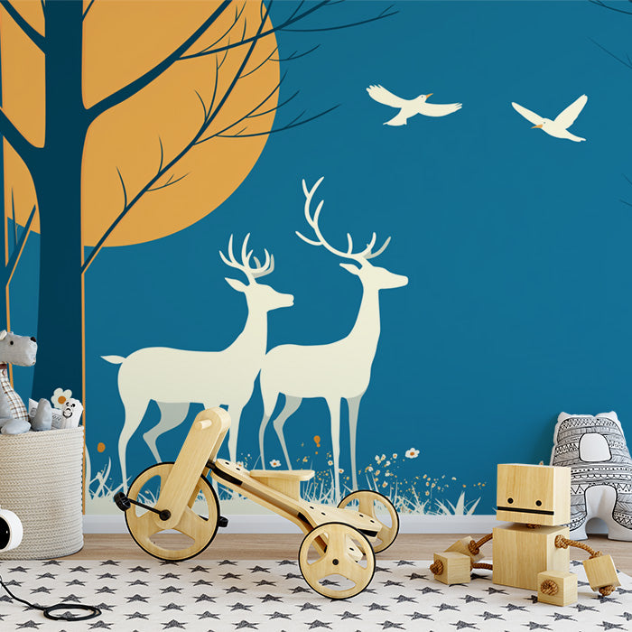 Papel tapiz mural de bosque nocturno con ciervos | Teal, blanco y beige -2