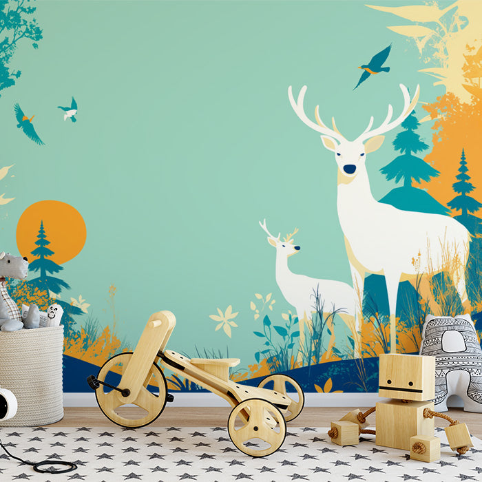 Papel tapiz mural de bosque nocturno con ciervos | Teal, blanco y beige -3