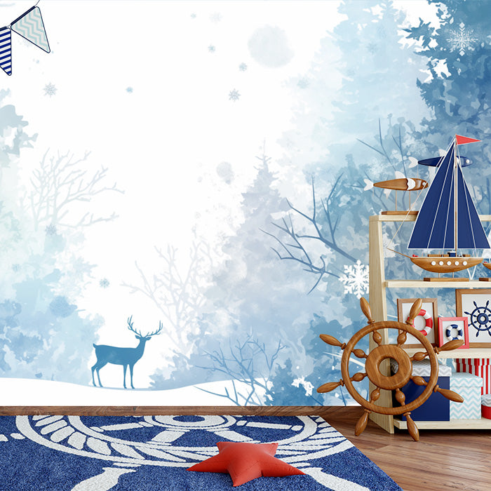 Papel tapiz mural de bosque invernal azul con ciervos para la habitación de un niño | Bosque azul, blanco y celeste.