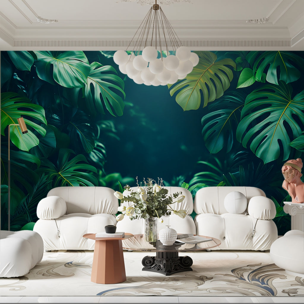 Üppiger tropischer Dschungel mit Monstera Blättern Wandmalerei