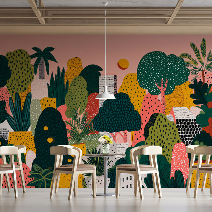 Papier peint mural Jungle Urbaine | Rose, Vert et Jaune
