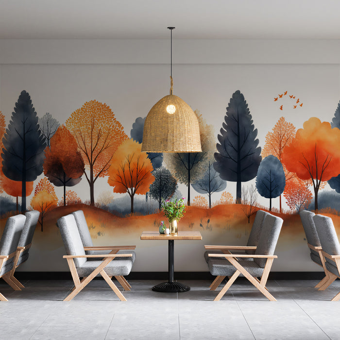 Autumn Grove Mural Wallpaper | Orange and Slate