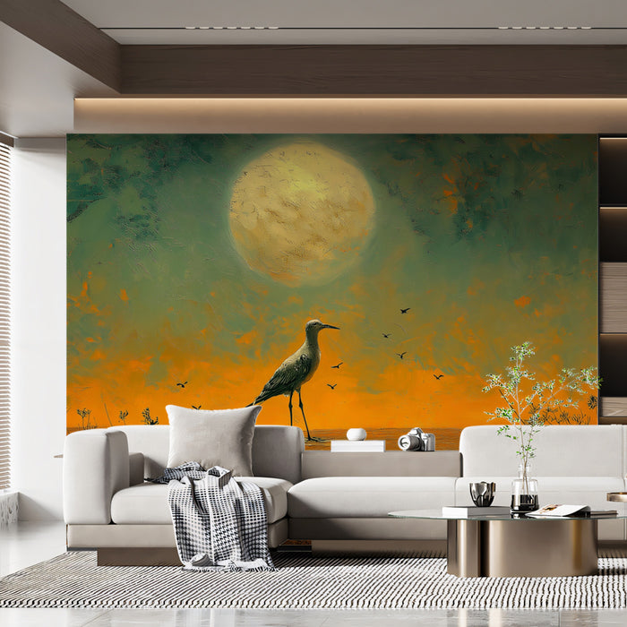 The Heron and the Moon Mural Wallpaper | Orange, Teal, and Gold