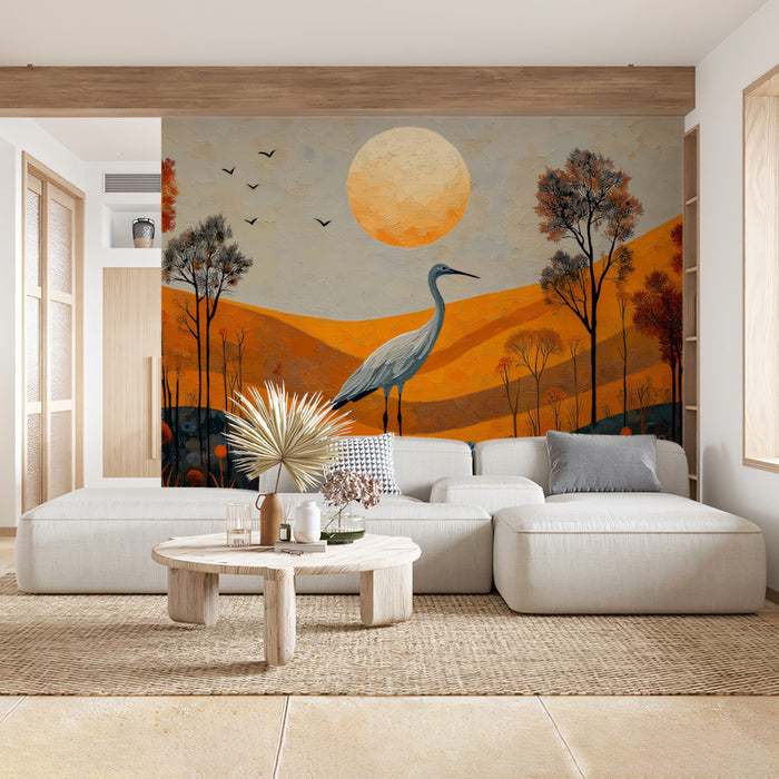 The Heron on the Hill Mural Wallpaper | Orange, Blue, and Gray