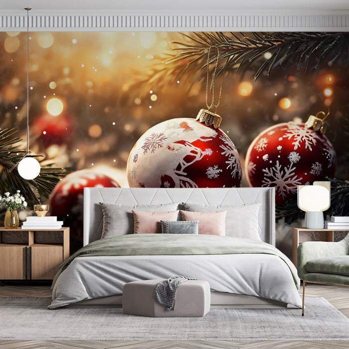 Woodland Reindeer Ornament Mural Wallpaper | Red, White, and Gold