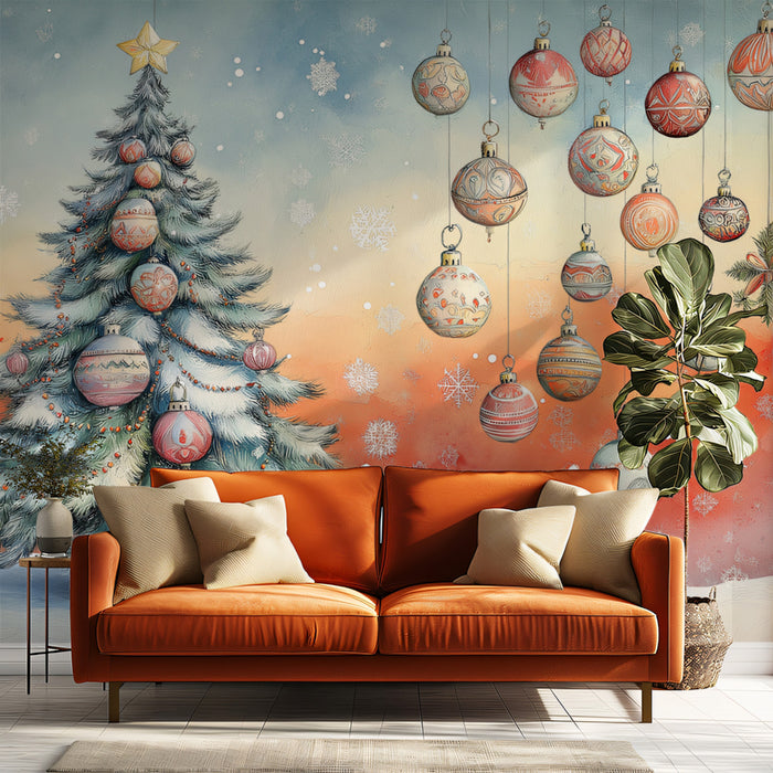 Wandbild mit Wasserfarben-Ornamenten in Rot, Blau und Orange | Gedämpfte Farben