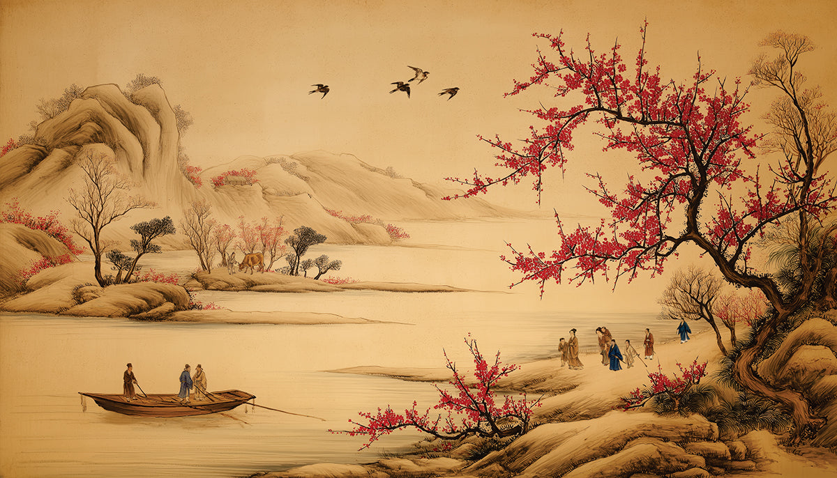 Papier peint mural d'art traditionnel chinois | Fleurs de prunier rouges et scène de rivière