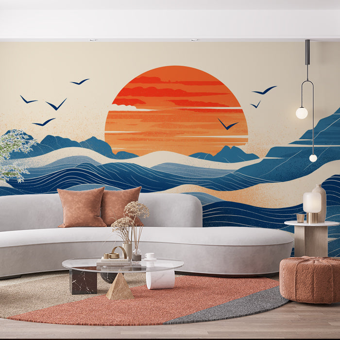 Retro Ozean Sonnenuntergang Wandbild Tapete im Wohnzimmer | Verschiedene Farben (Orange, Blau, Beige usw.) des Ozean Sonnenuntergangs