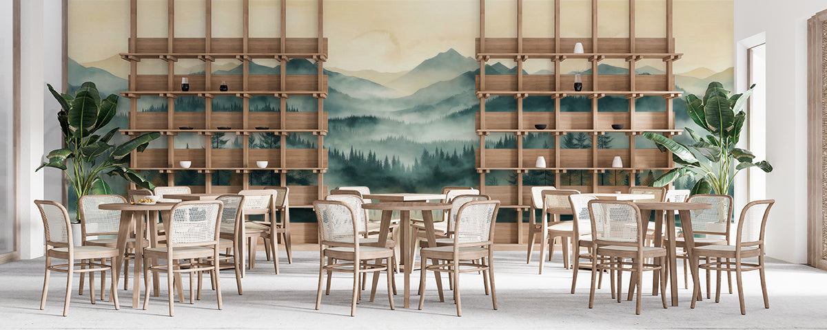 Panoramic forest wallpaper applied in a cozy reading nook with a velvet chair