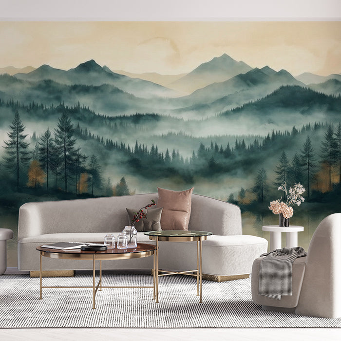 Misty landscape wallpaper installed on a feature wall in a tranquil bedroom