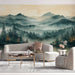 Misty landscape wallpaper installed on a feature wall in a tranquil bedroom