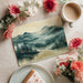 Watercolor nature mural installed in a dining room with minimalist decor