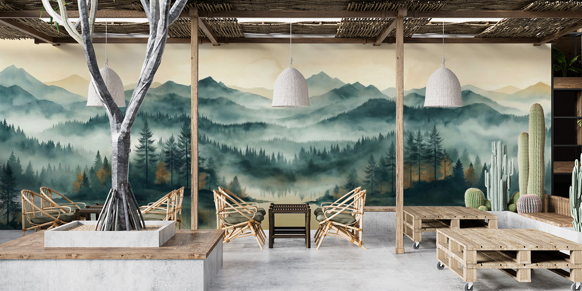 Mountain lake mural background behind a wooden desk in a home office
