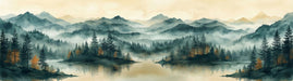 Watercolor mural of misty pine mountains and a lake with teal and ochre accents