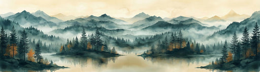 Watercolor mural of misty pine mountains and a lake with teal and ochre accents