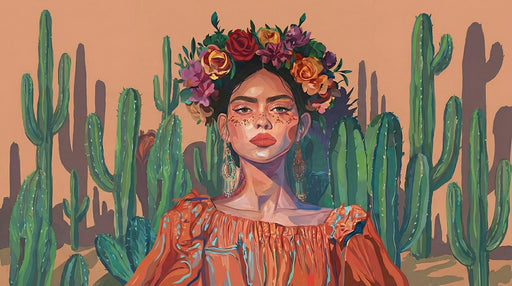 Artistic mural featuring a woman in a floral crown among saguaro cacti in terracotta and sage green tones