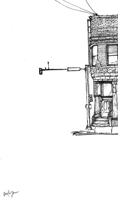 Corner Brick Building – Architectural Ink Drawing