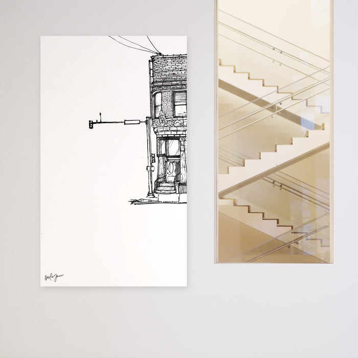 Corner Brick Building – Architectural Ink Drawing