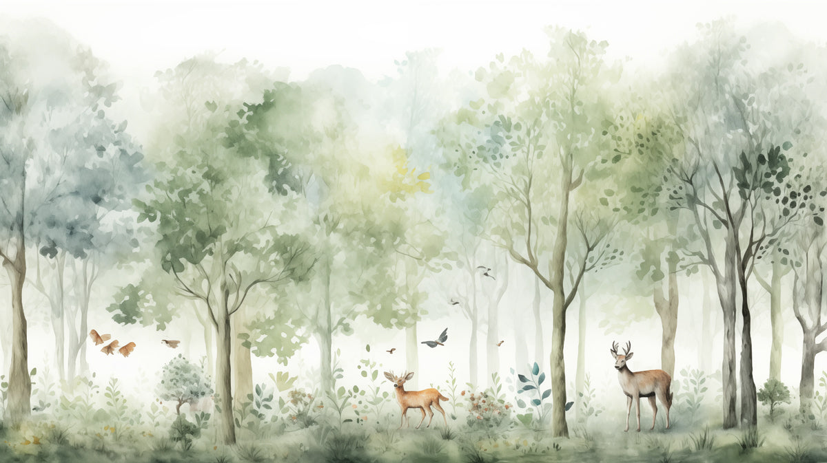 Carta da parati murale con foresta acquerellata e cervi | Foresta verde, bianca e marrone 