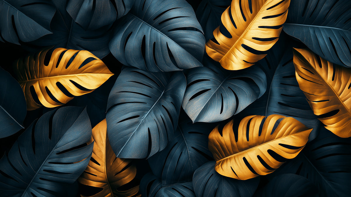 Papier peint mural à feuilles de Monstera bleu et or | Feuilles bleues, dorées et bleu foncé