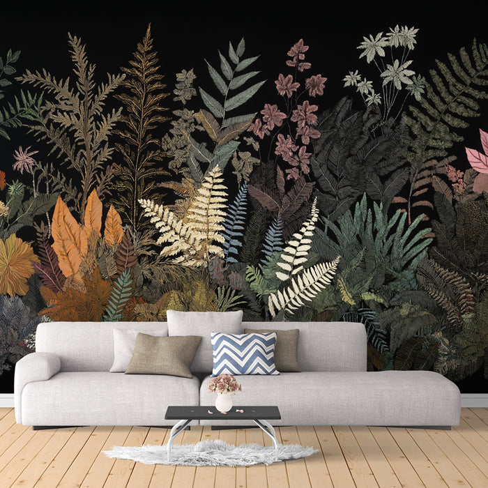 A section of mural wallpaper depicting a lush jungle scene with an abundance of ferns, leaves in various shades of green, and delicate flowers in pink and white, placed on a wall behind a modern sofa.
