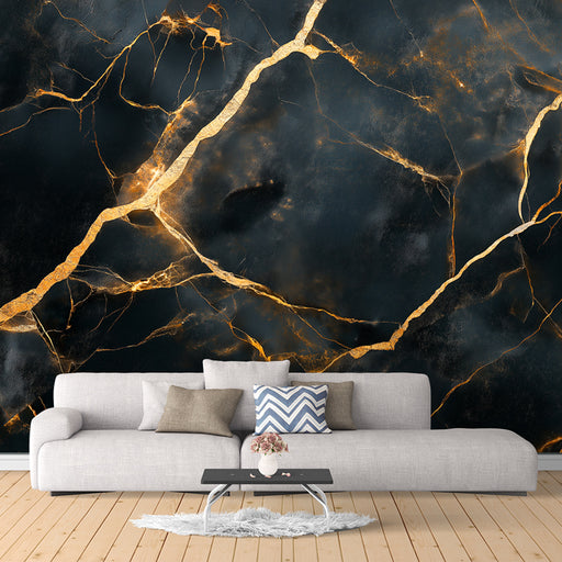 A luxurious black marble mural wallpaper with intricate gold veins, displayed in a room setting with a modern sofa and decor.