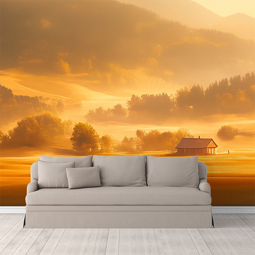 A mural wallpaper depicting a serene countryside scene with a golden field and a small cottage in the distance, surrounded by mist.