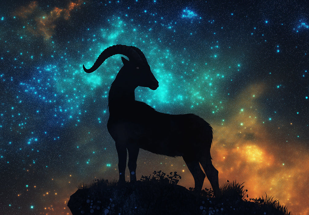 Capricorn - Nebula Goat Mural Wallpaper | Blue - Green and Orange Cosmic, Black Silhouette