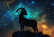 Capricorn - Nebula Goat Mural Wallpaper | Blue - Green and Orange Cosmic, Black Silhouette