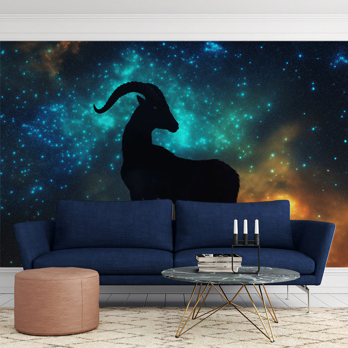 Capricorn - Nebula Goat Mural Wallpaper | Blue - Green and Orange Cosmic, Black Silhouette