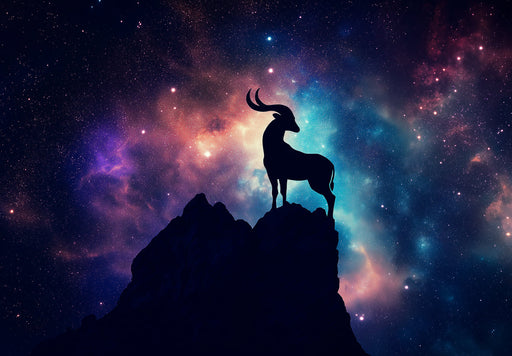 Capricorn - Nebula Goat Mural Wallpaper | Blue - Green and Orange Cosmic, Black Silhouette