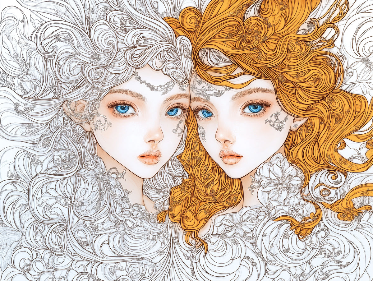 Gemini - Monochrome and Color Mural Wallpaper | Black, White, and Vibrant Orange