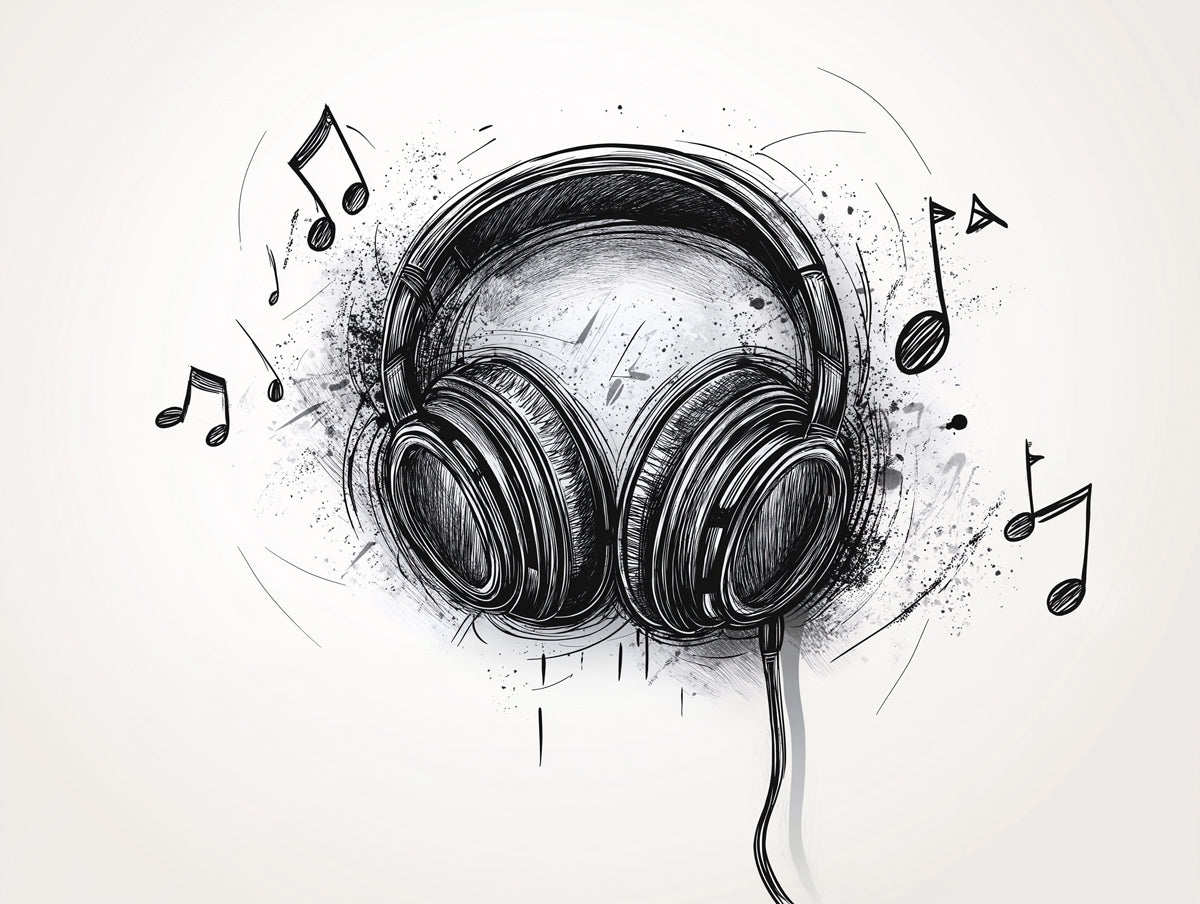 Dynamic Sketch Headphones Mural Wallpaper | Ink & Music Notes