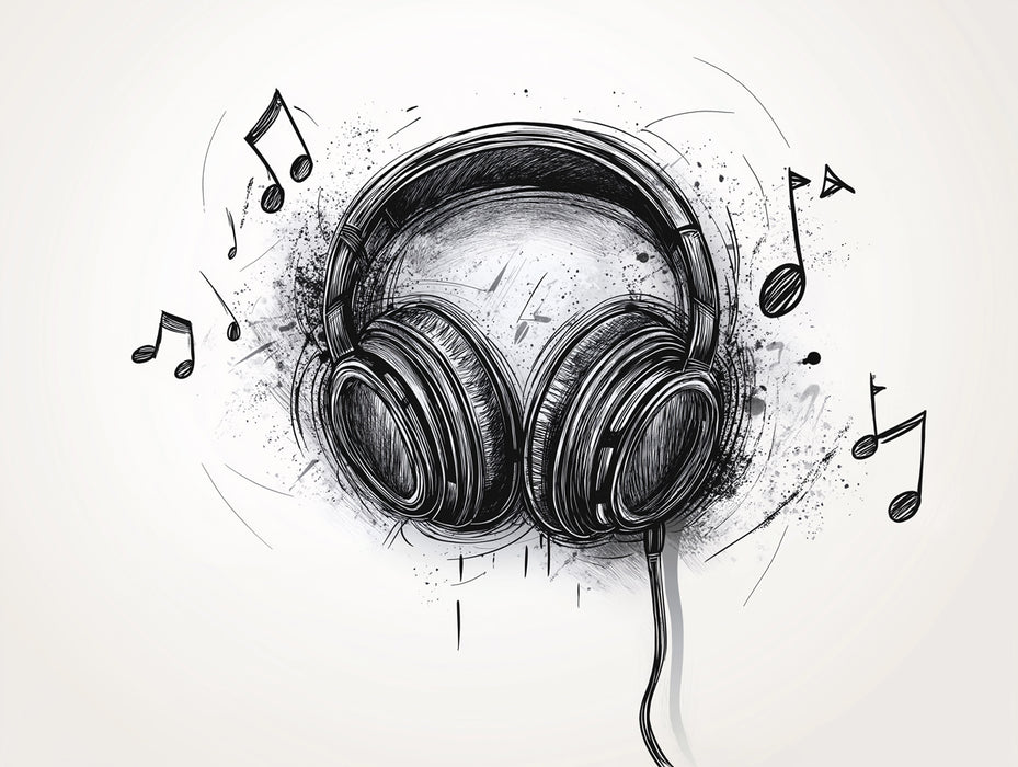Dynamic Sketch Headphones Mural Wallpaper | Ink & Music Notes