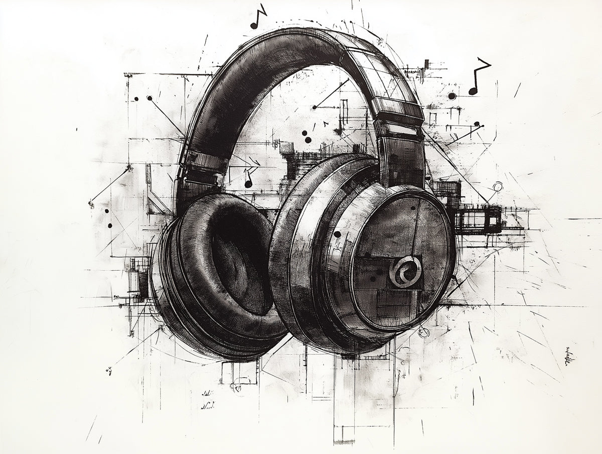 Music Mural Wallpaper | Industrial Headphones Sketch with Geometric Lines