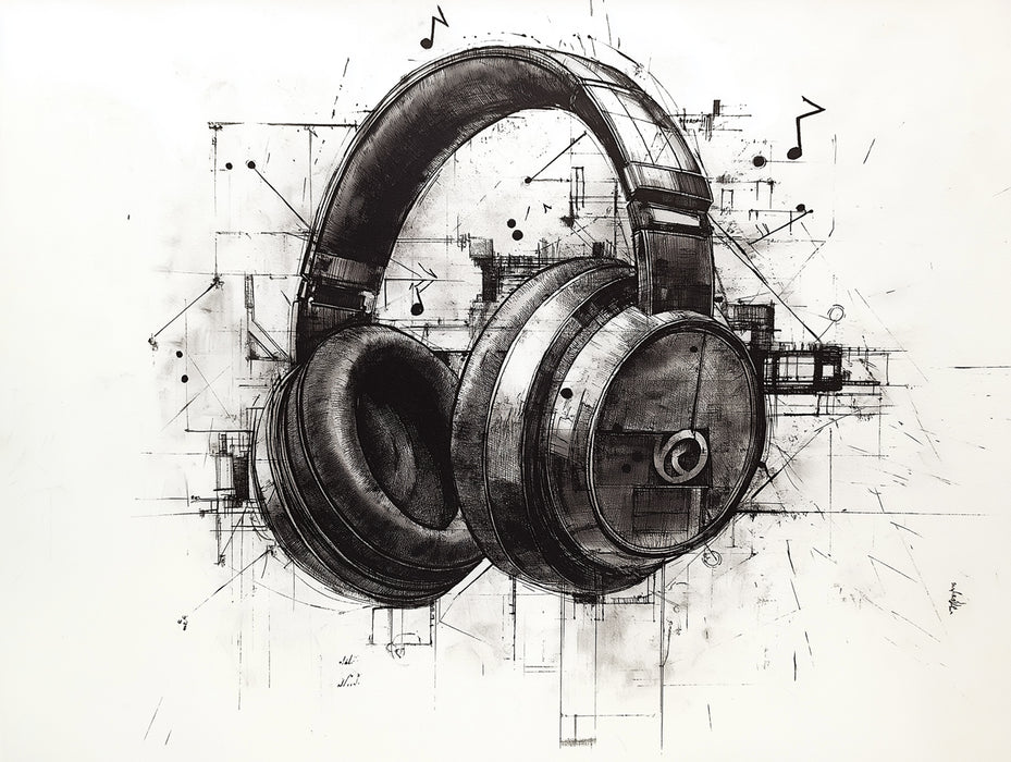 Music Mural Wallpaper | Industrial Headphones Sketch with Geometric Lines