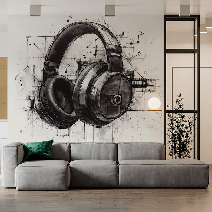 Music Mural Wallpaper | Industrial Headphones Sketch with Geometric Lines