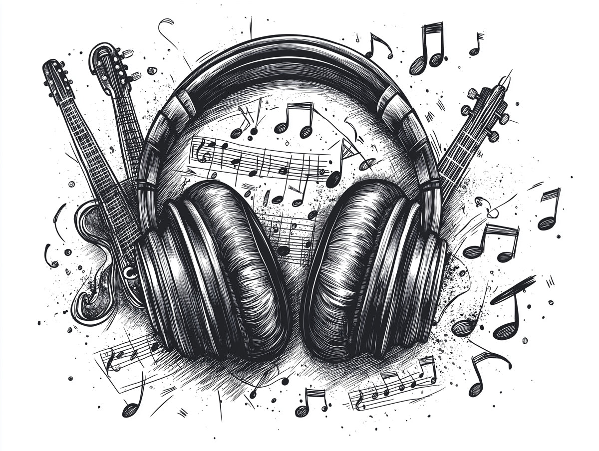 Music Mural Wallpaper | Flowing Headphones and Musical Notes in Line Art Style
