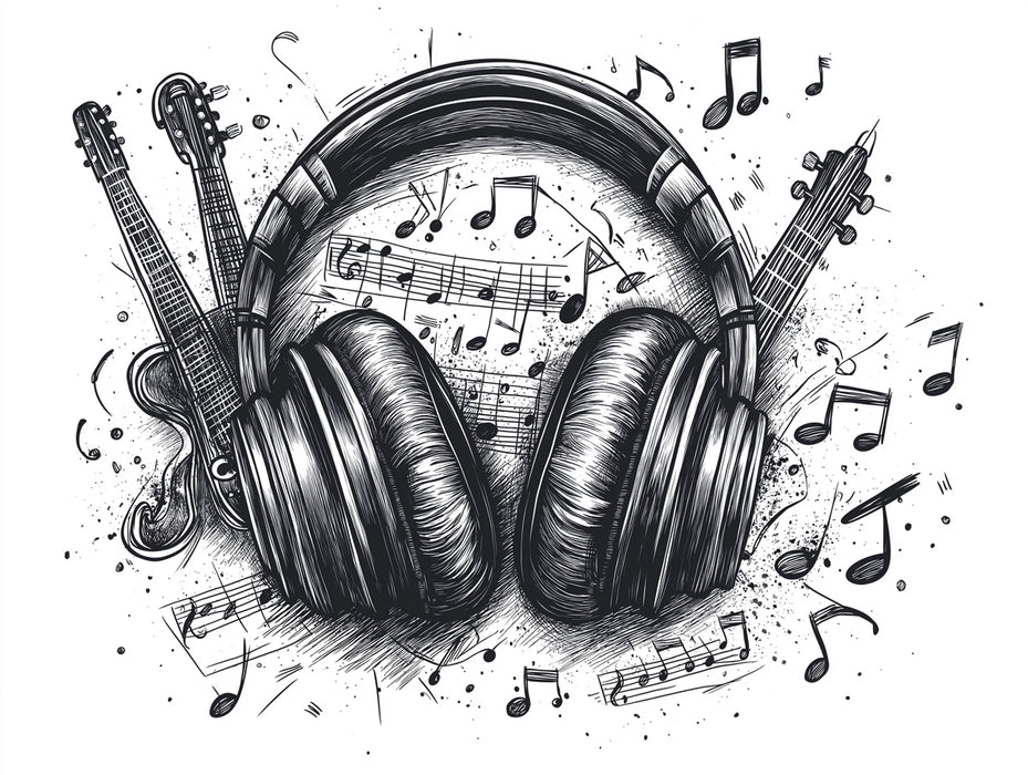 Music Mural Wallpaper | Flowing Headphones and Musical Notes in Line Art Style