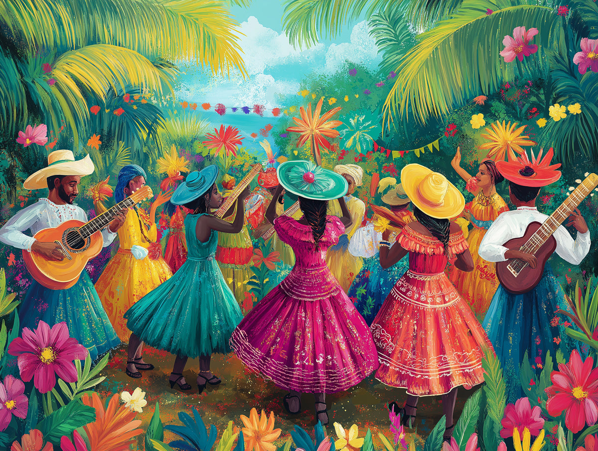 Papier peint Festival Murale | Danse et musique latines colorées dans un jardin tropical