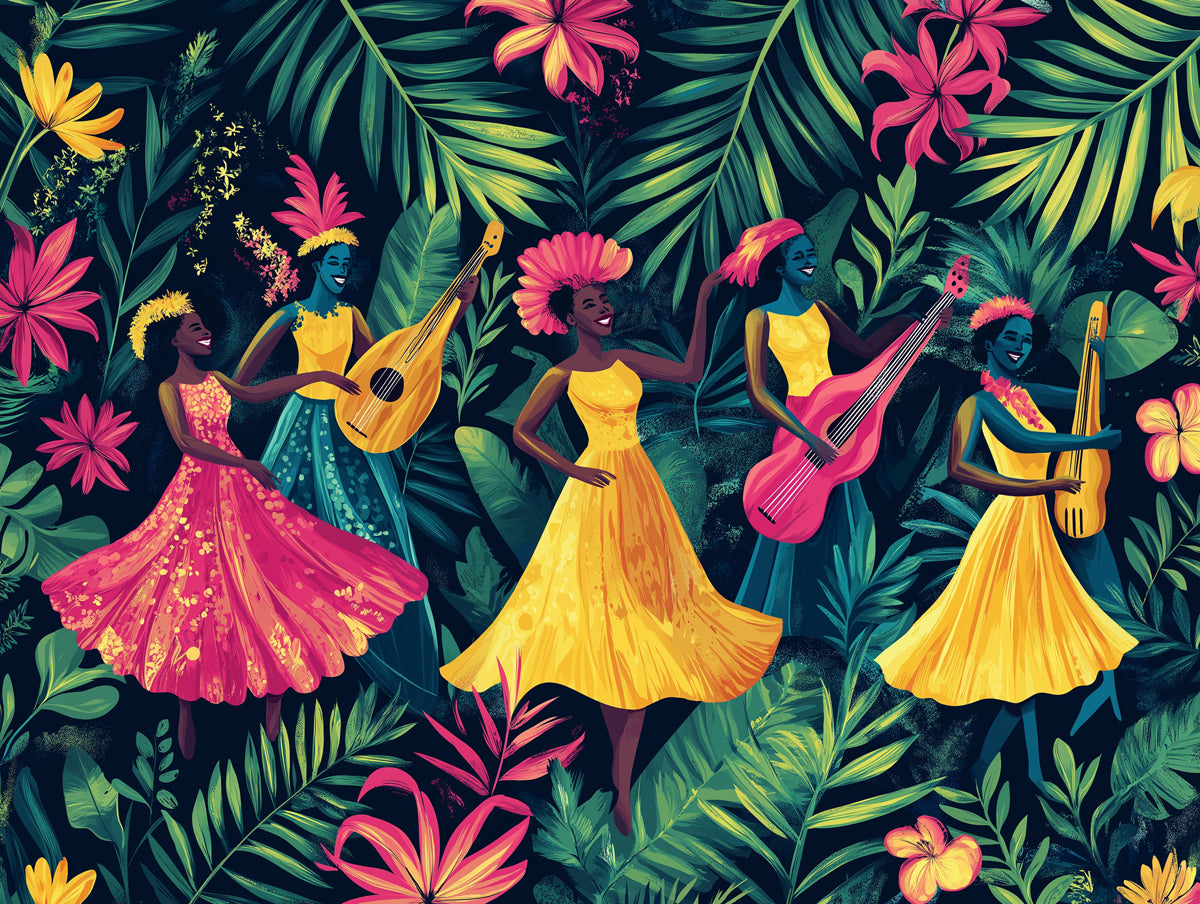 Carta da parati murale di danza tropicale | Ragazze hawaiane in abiti gialli con sfondo giungla floreale 