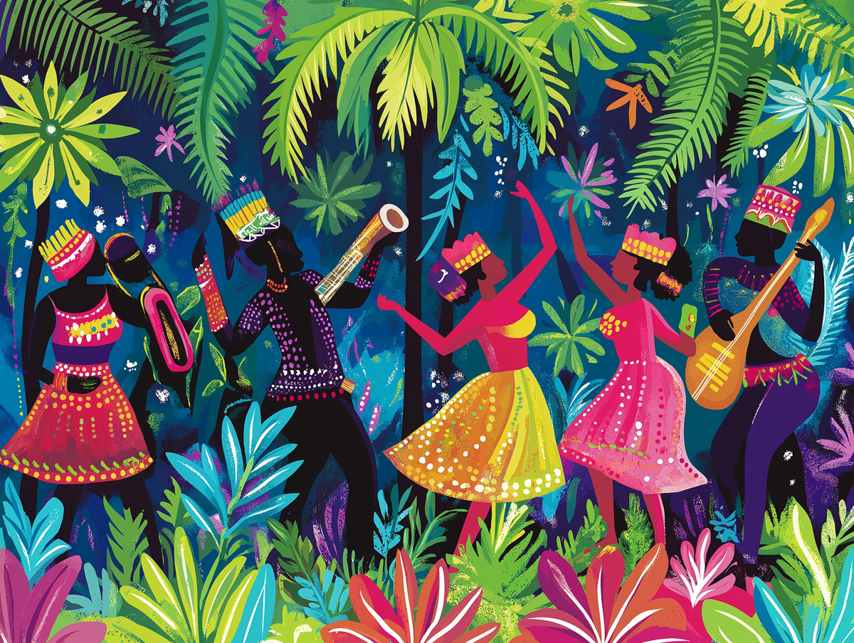 Papier peint murale du Festival de la Jungle | Danse et musique afro-caribéennes audacieuses dans une forêt tropicale vibrante