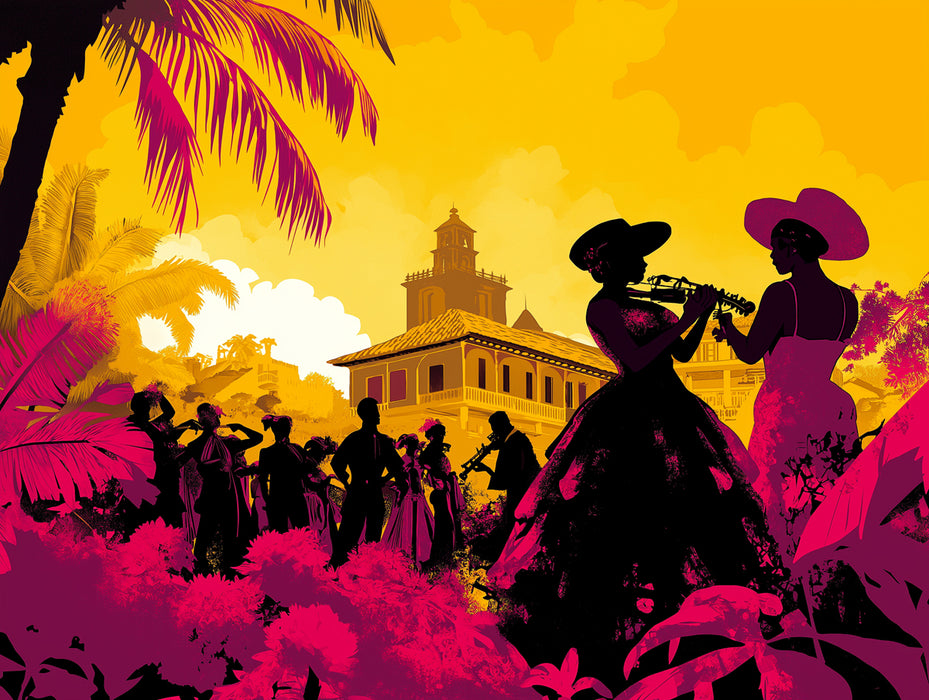 Papier peint Mural de Fête Latine | Silhouettes de musiciens et danseurs latins dans les couleurs du coucher de soleil