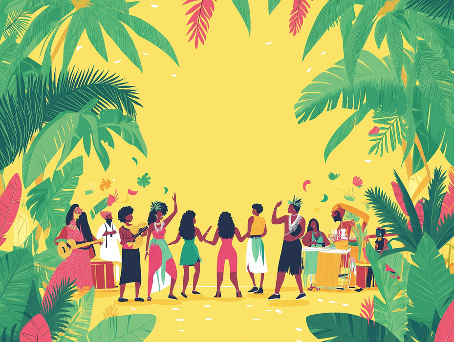 Carta da parati murale del mercato dell'isola | Danza, musica e cultura afro-tropicale su sfondo giallo 