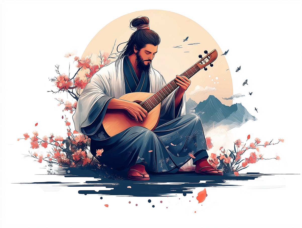 Orientalisches Musik-Malerei-Tapete | Chinesischer Gelehrter spielt Pipa mit Blüten und Bergen 